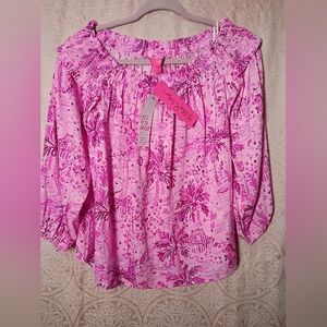 Lilly Pulitzer Pink Palm-Print Off-Shoulder Top